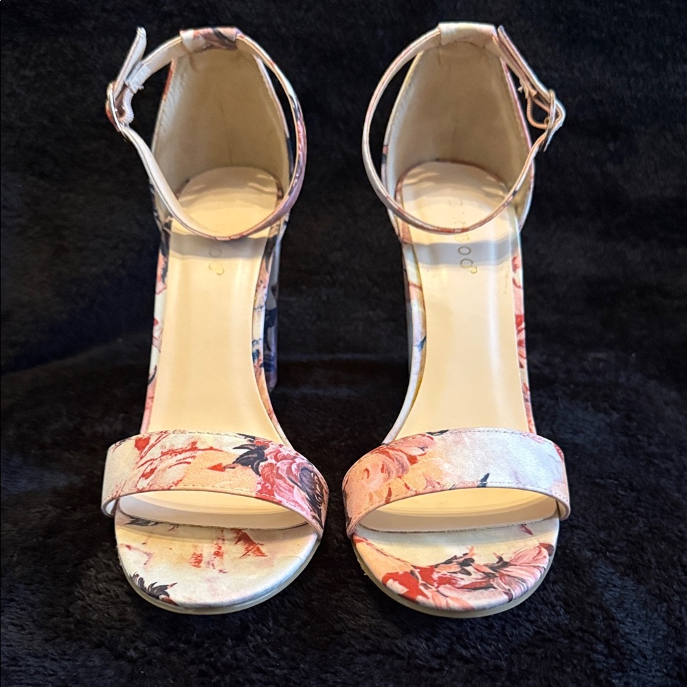 BAMBOO Floral Ankle Strap Heels - Cream and Pink